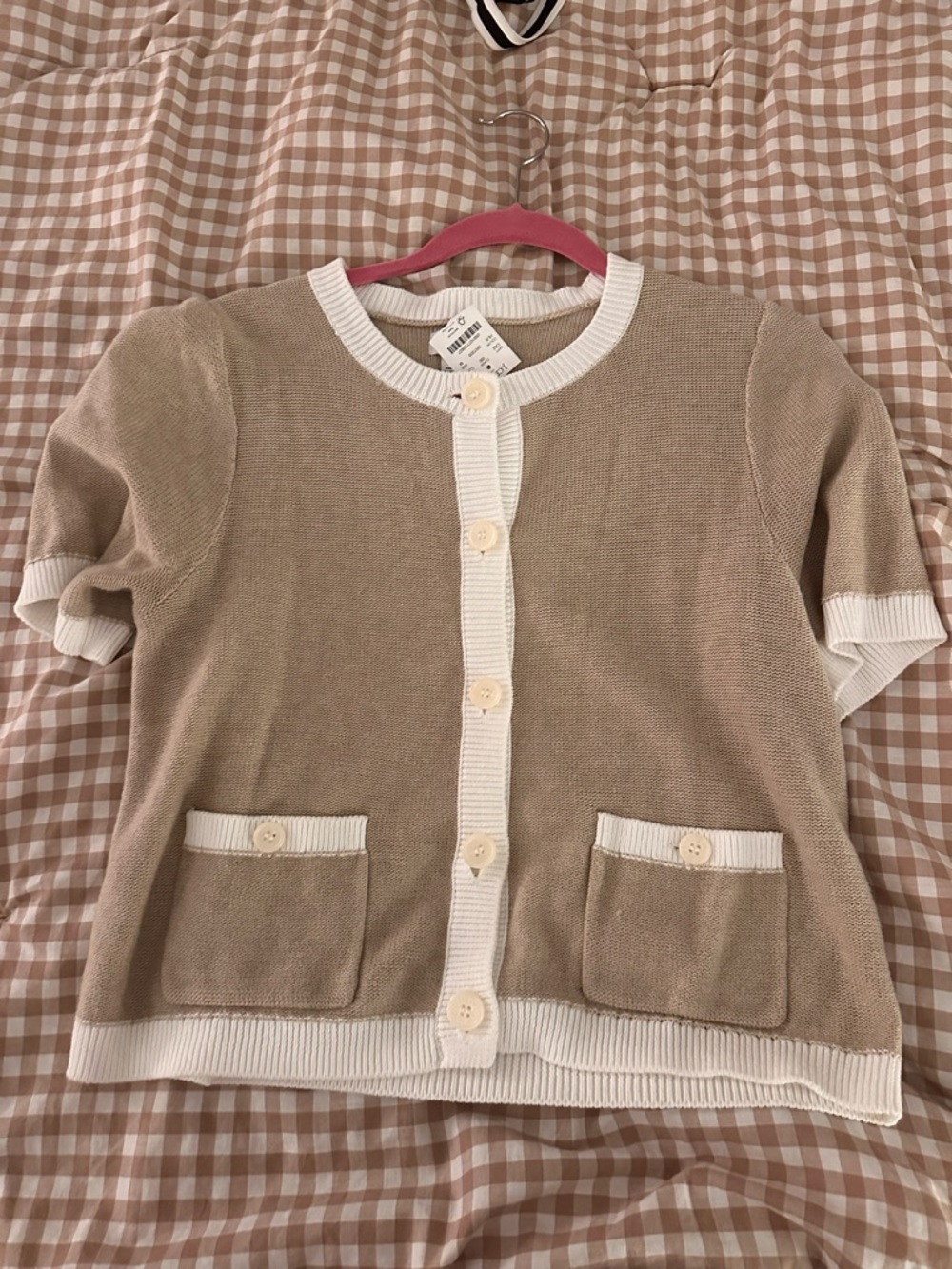 J. Crew Beige Short Sleeve Knit Cardigan with White Trim